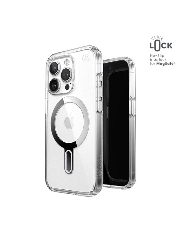 Speck Presidio Perfect-Clear ClickLock & Magsafe - iPhone 15 Pro Case - Clear / Chrome Finish / Serene Silver