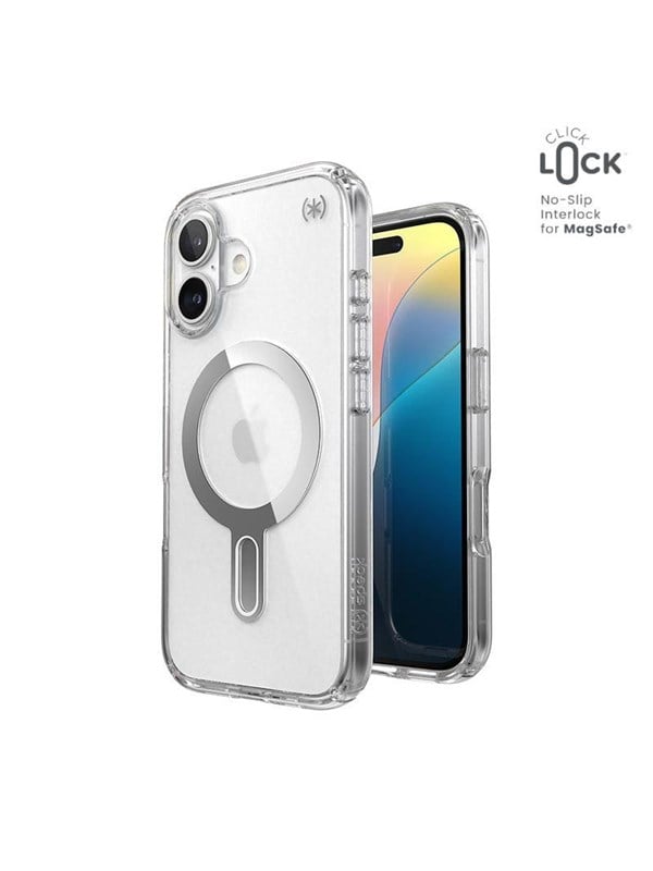 Speck Presidio Perfect-Clear ClickLock  MagSafe - iPhone 16 Case - Clear  Chrome Finish  Serene Silver