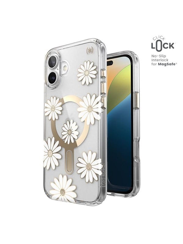 Speck Presidio Lux ClickLock  MagSafe - iPhone 16 Plus Case - Sunshine Daisies  Clear  Gold