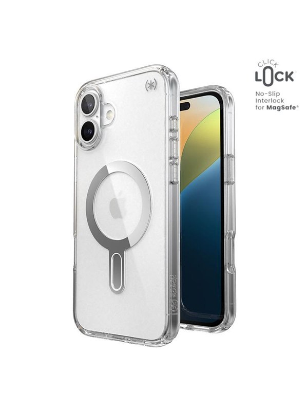 Speck Presidio Perfect-Clear ClickLock  MagSafe - iPhone 16 Plus Case - Clear  Chrome Finish  Serene Silver