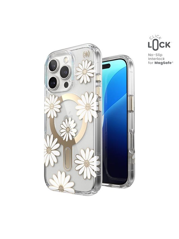 Speck Presidio Lux ClickLock  MagSafe - iPhone 16 Pro Case - Sunshine Daisies  Clear  Gold