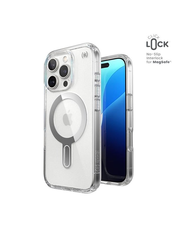 Speck Presidio Perfect-Clear ClickLock  MagSafe - iPhone 16 Pro Case - Clear  Chrome Finish  Serene Silver