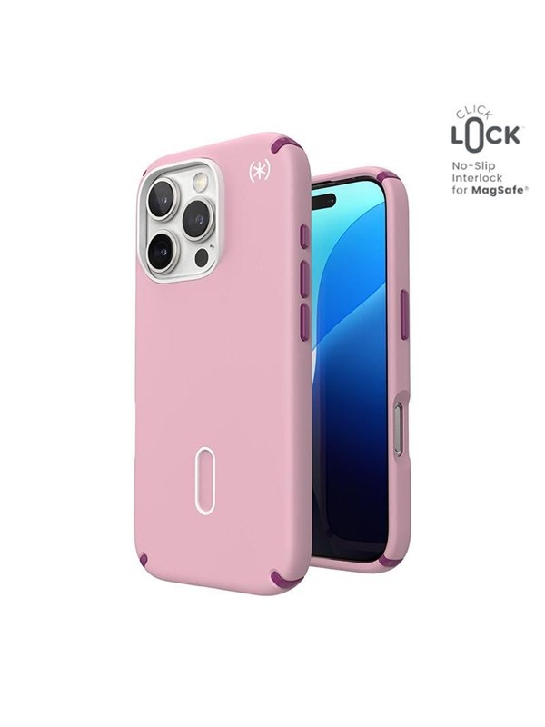 Speck Presidio2 Pro ClickLock  MagSafe - iPhone 16 Pro Case - Wednesday Pink  Boysenberry Purple  White
