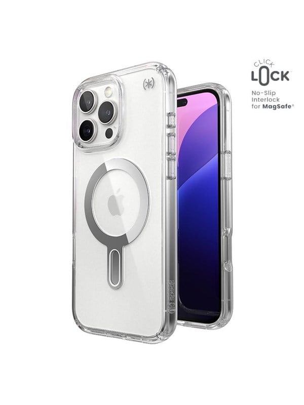 Speck Presidio Perfect-Clear ClickLock  MagSafe - iPhone 16 Pro Max Case - Clear  Chrome Finish  Serene Silver