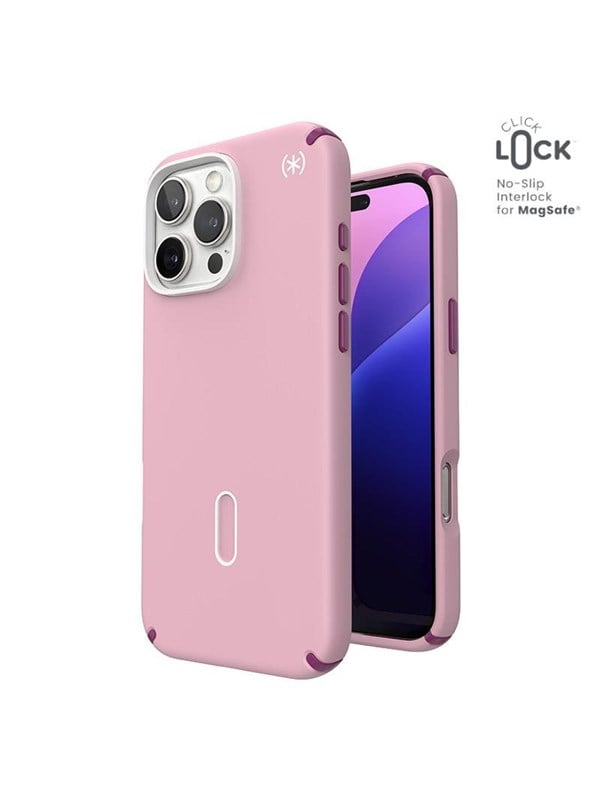 Speck Presidio2 Pro ClickLock  MagSafe - iPhone 16 Pro Max Case - Wednesday Pink  Boysenberry Purple  White