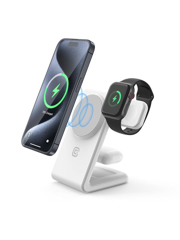 CRONG MagSpot Pivot Stand - 3-in-1 Wireless Charger with MagSafe for iPhone Apple Watch and AirPods - White