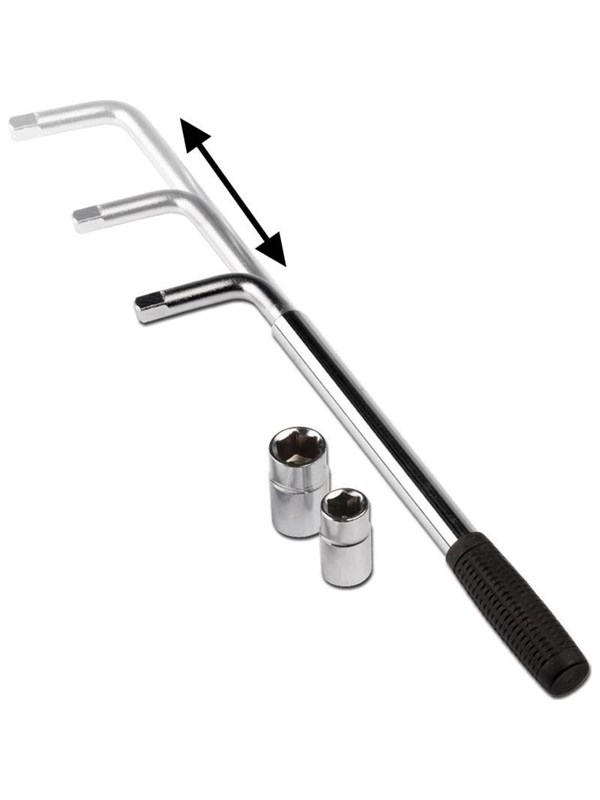Radschlüssel - Einstellbar 34-55CM - Inkl 2 Kappen 17 19mm-21 23mm - Stahl - Silber Schwarz
