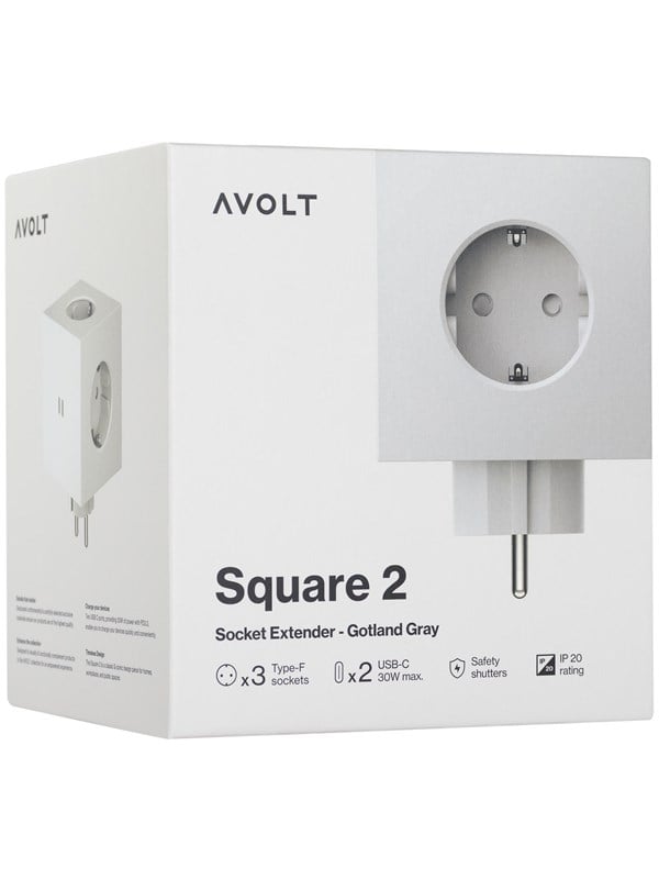 AVOLT Square 2 Socket extender with 30W Dual USBC Gotland Gray