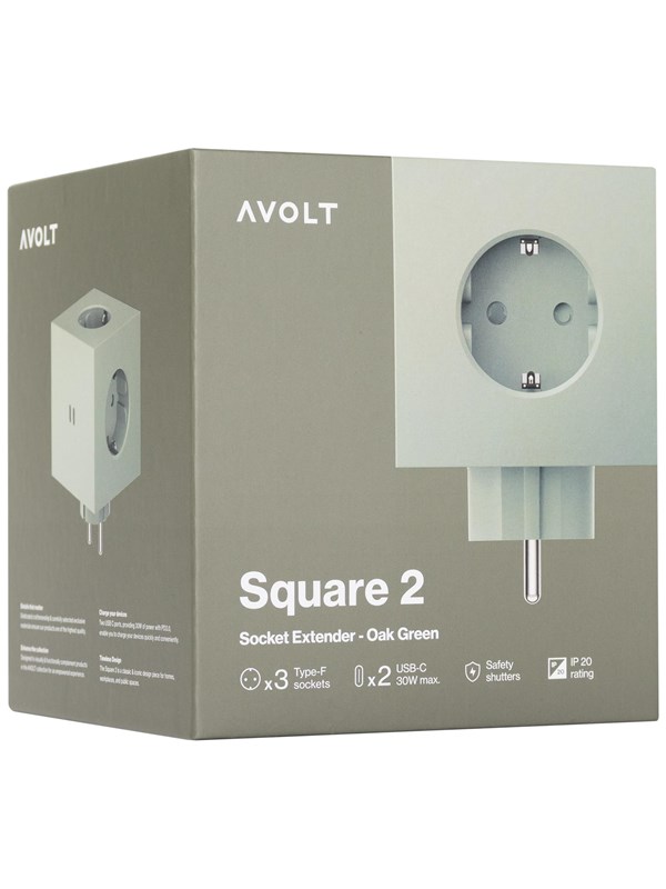AVOLT Square 2 Socket extender with 30W Dual USBC Oak Green