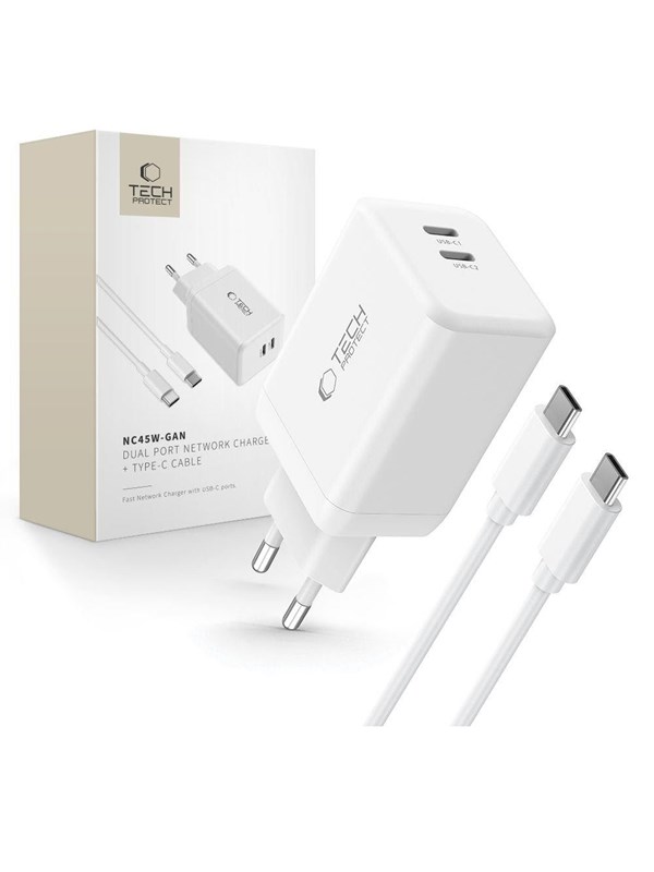 Tech-Protect NC45W-GAN 2-PORT PD45W + TYPE-C CABLE - White