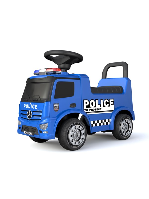Mercedes Antos Polizei-Rutschauto mit Sirenen und Blaulicht.