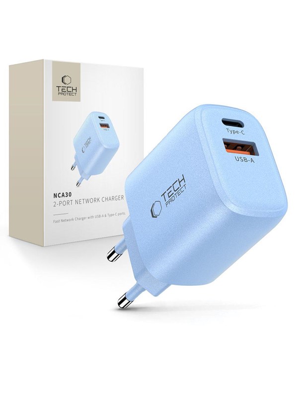 Tech-Protect NCA30 PD 30W QC30 USB-A  USB-C Wall Charger - Blue