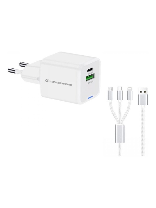 Conceptronic 2-Port 33W GaN USB-PD-Ladegerät mit 3-in-1-Ladekabel, USB-C x 1, USB-A x 1, QC 3.0, PPS