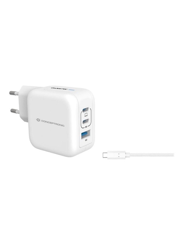 Conceptronic 3-Port 67W GaN USB-PD-Ladegerät mit USB-C-Ladekabel, USB-C x 2, USB-A x 1, QC 3.0, PPS