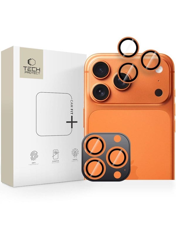 Schutzfolie Tech-Protect CamRing Fit+ für die Rückkamera des Apple iPhone 17 Pro Max / 17 Pro / 16 Pro Max, gehärtetes Glas, Orange