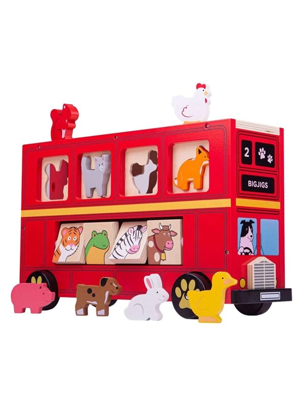Bigjigs Wooden Shape Sorter Red Animal Bus - 21 pcs
