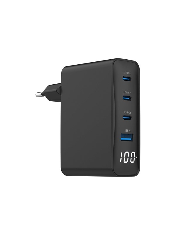 Gembird TA-UC-PDQC100LCD-01-BK 100W GaN Schnellladegerät mit 4 USB-Ports und LCD – Schwarz