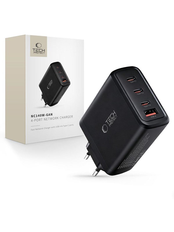 Netzladegerät Tech-Protect NC140W-GAN, 140W, 5A, 1 x USB-A - 3 x USB-C, Schwarz
