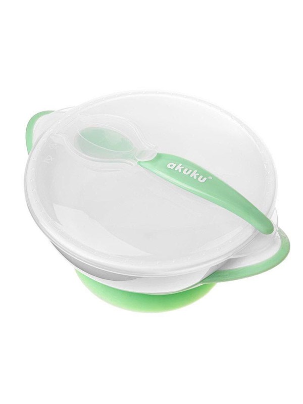 Akuku Suction bowl with spoon WHITEGREEN