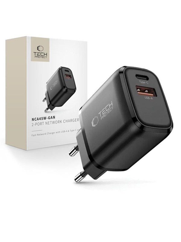 Netzladegerät Tech-Protect NCA45W, 45W, 3A, 1 x USB-A - 1 x USB-C, Schwarz