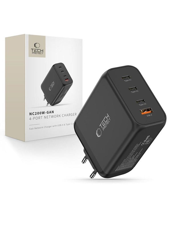 Netzladegerät Tech-Protect NC200W-GAN, 200W, 5A, 1 x USB-A - 3 x USB-C, Schwarz