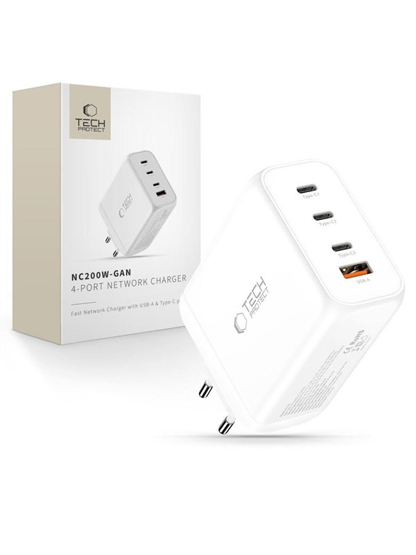Netzladegerät Tech-Protect NC200W-GAN, 200W, 5A, 1 x USB-A - 3 x USB-C, Weiß