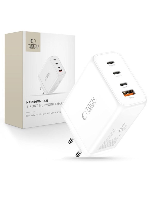 Netzladegerät Tech-Protect NC240W-GAN, 240W, 5A, 1 x USB-A - 3 x USB-C, Weiß