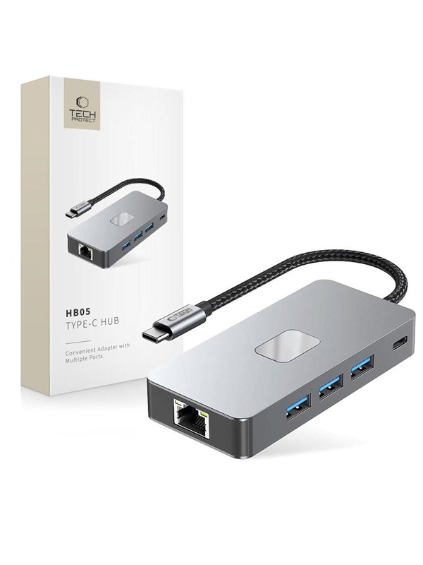 Tech-Protect HB05 HUB 9in1 USB-C + USB2.0 + USB3.0 + HDMI 4K 60HZ + SD / TF + PD100W + RJ45 - Grey USB-Hubs - USB 3.0 - 9 - Grau