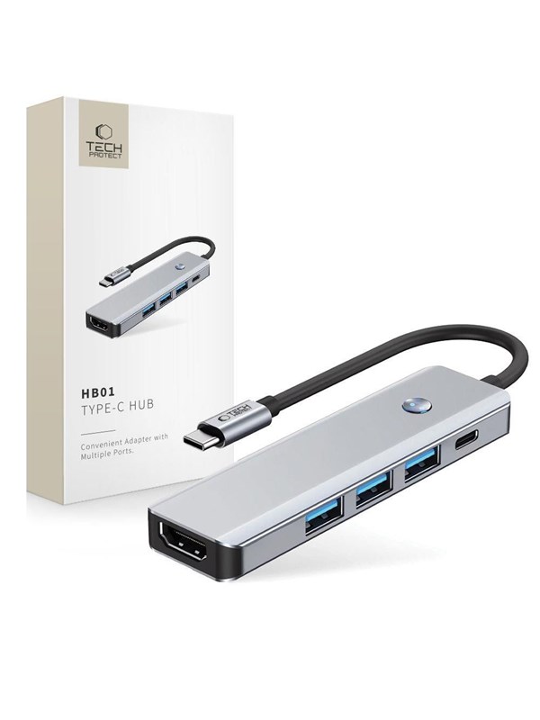 Tech-Protect HB01 HUB Adapter 5in1 USB-C + USB3.0 + HDMI 4K 60Hz + PD100W - Grey USB-Hubs - USB 3.0 - 5 - Grau