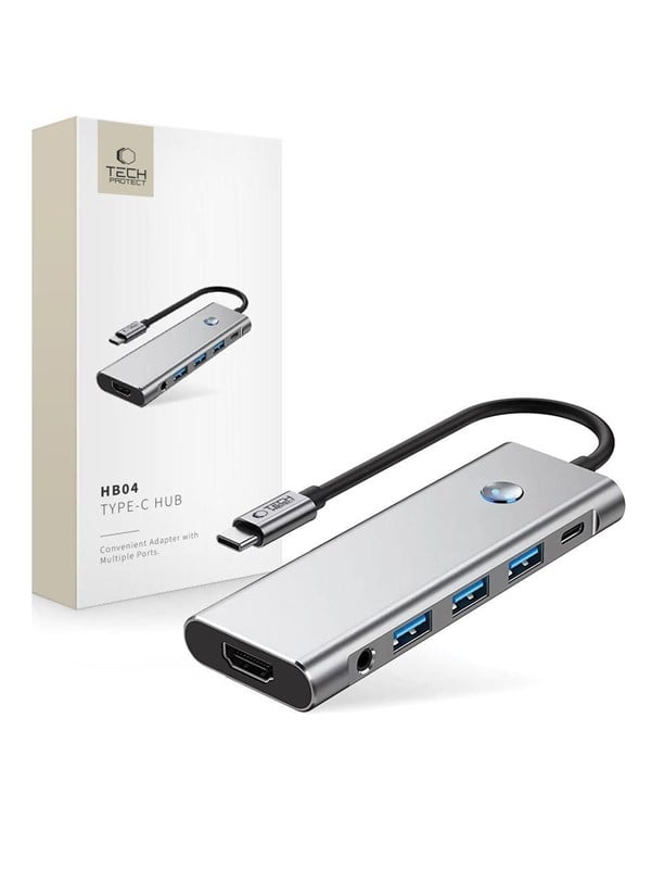 Tech-Protect HB04 HUB Adapter 9in1 USB-C + USB2.0 + USB3.0 + HDMI 4K 60Hz + SD / TF + PD100W + AV3.5 - Grey USB-Hubs - USB 3.0 - 5 - Grau