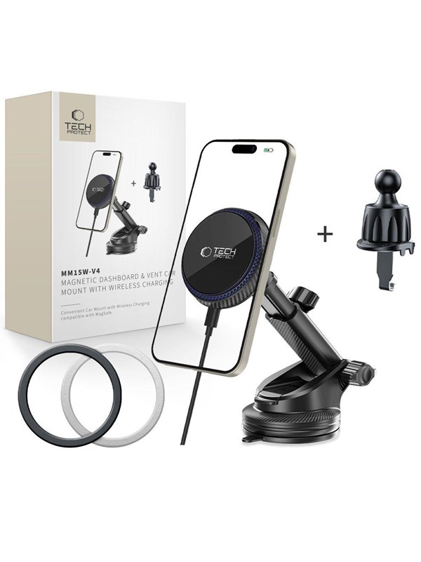 Tech-Protect  MM15W-V4 Magnetic MagSafe 15W Car Mount for Cockpit  Windshield  Air Vent - Black