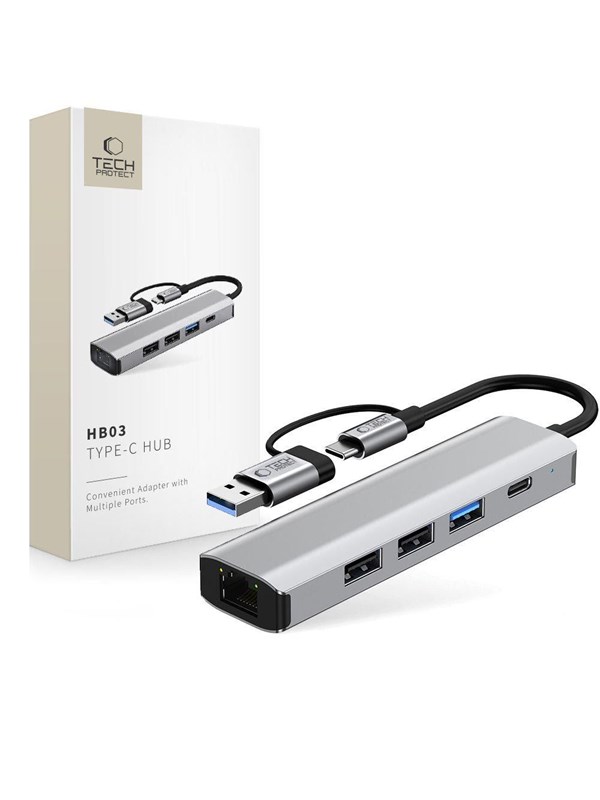 Tech-Protect HB03 HUB Adapter 5in1 USB-C + USB2.0 + USB3.0 + RJ45 - Grey USB-Hubs - USB 3.0 - 5 - Grau