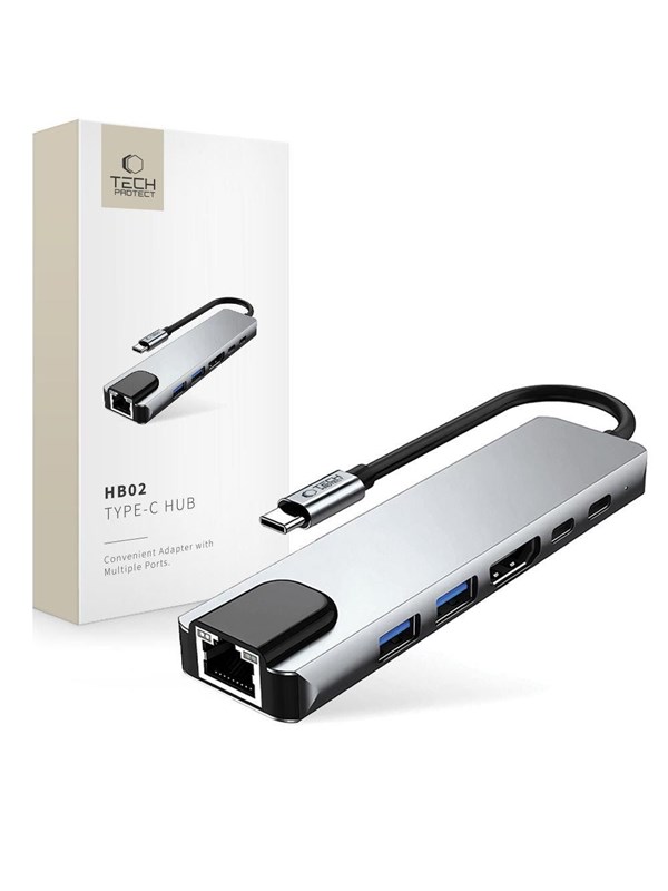 Tech-Protect HB02 HUB Adapter 6in1 USB-C + USB2.0 + USB3.0 + HDMI 4K 30Hz + RJ45 + PD100W - Grey USB-Hubs - USB 3.0 - 6 - Grau