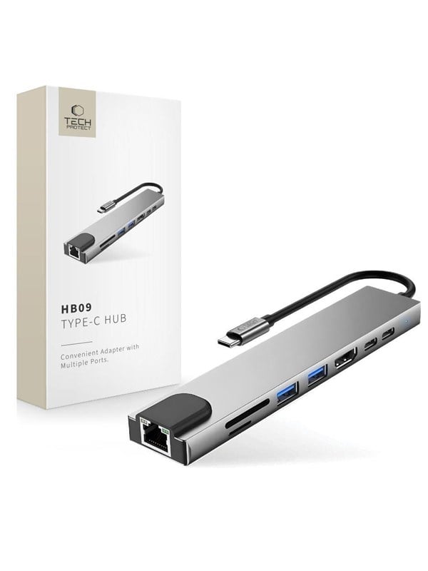 Tech-Protect USB Hub HB09 8in1 TYPE-C + USB-A 3.0 + USB-C 3.0 + HDMI 4K 60HZ + SD/TF + PD100W + RJ45 1000 MB/S - Grey USB-Hubs - USB 3.0 - 8 Anschlüsse - Grau