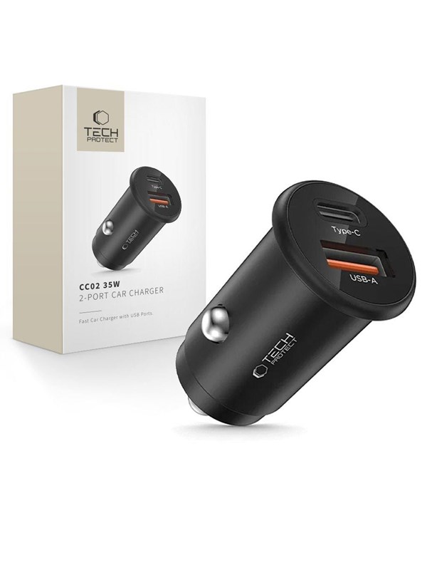 Tech-Protect CC02 Car Charger 35W 2-Ports USB-C  USB-A - Black