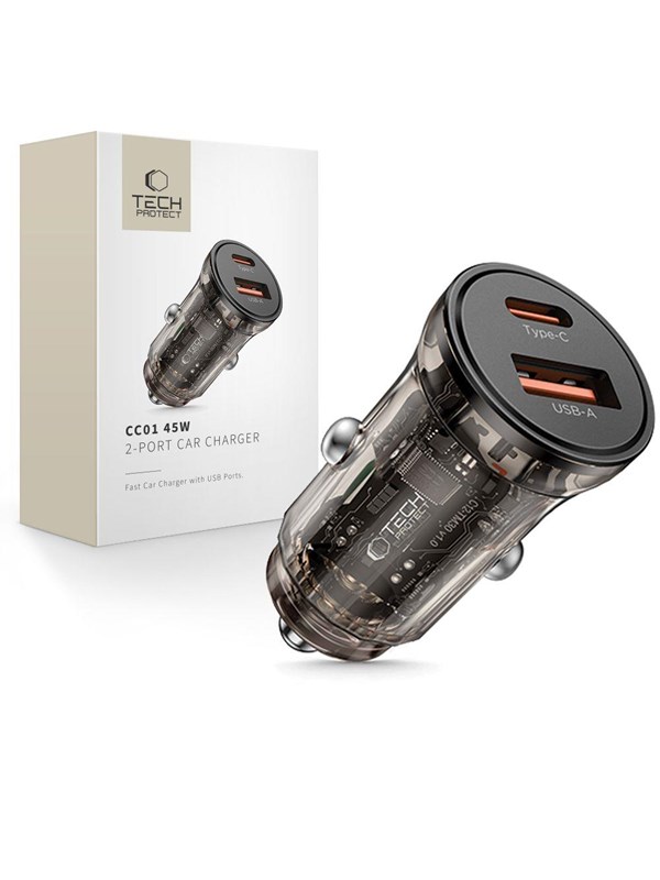 Auto-Ladegerät Tech-Protect CC01, 45W, 5A, 1 x USB-A - 1 x USB-C, Schwarz