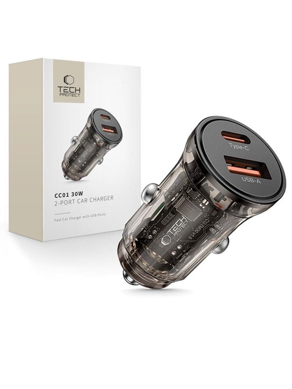 Auto-Ladegerät Tech-Protect CC01, 30W, 3A, 1 x USB-A - 1 x USB-C, Schwarz