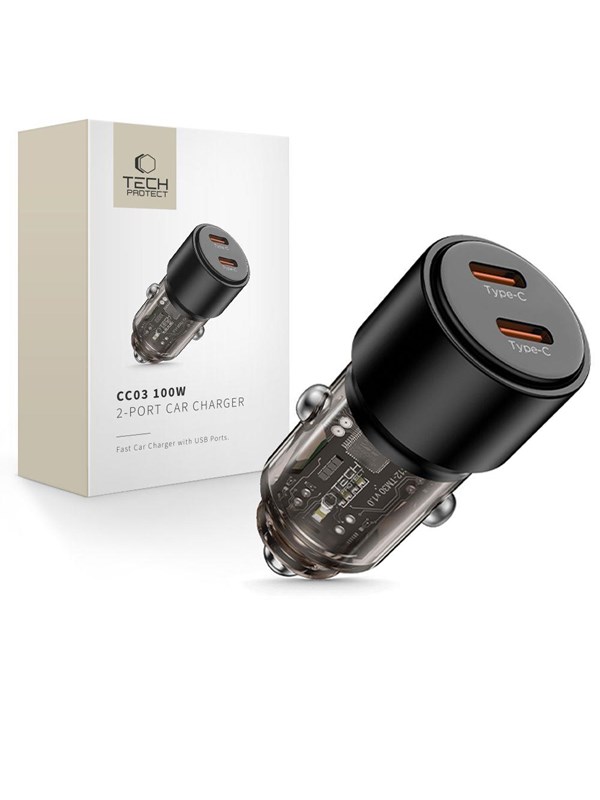 Auto-Ladegerät Tech-Protect CC03, 100W, 3,25A, 2 x USB-C, Schwarz