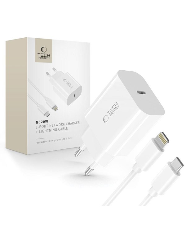 Tech-Protect NC20W AC Charger with USB-C  Lighting Cable 100 cm - White