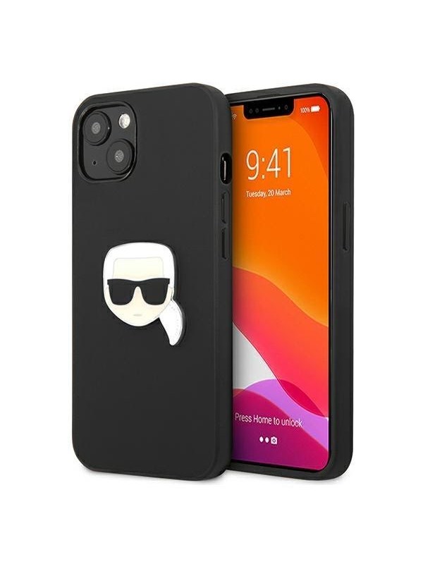 Image of Karl Lagerfeld Leather Ikonik Karl's Head Metal Case for iPhone 13 mini - Black