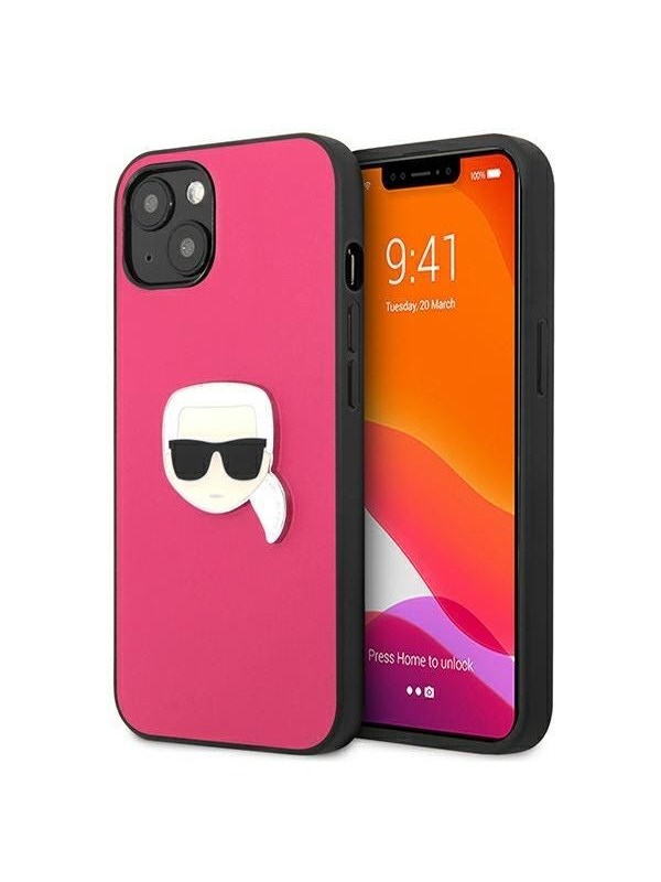 Image of Karl Lagerfeld Leather Ikonik Karl's Head Metal Case for iPhone 13 mini - Pink