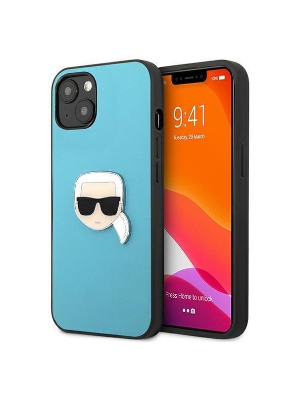 Image of Karl Lagerfeld Leather Ikonik Karl's Head Metal Case for iPhone 13 mini - Blue
