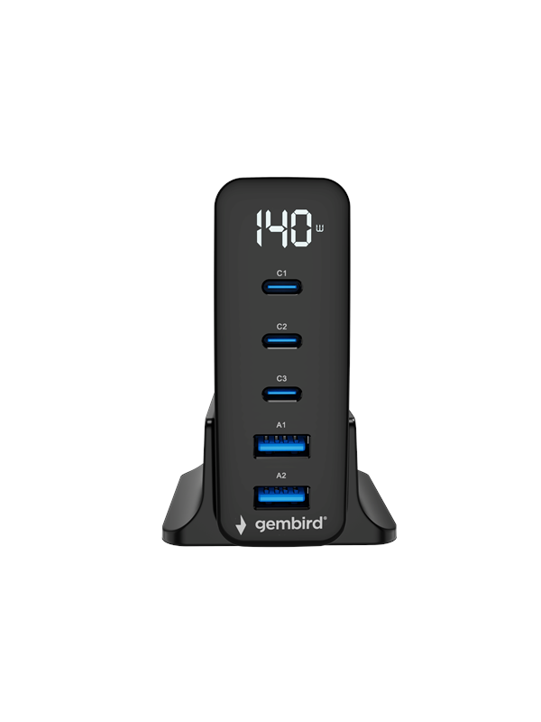 Schnellladegerät Gembird GaN 5 Ports 140W USB-C/A Schwarz