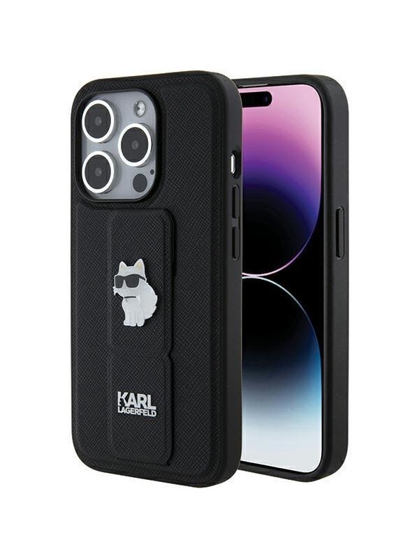 MagSafe Hülle für Apple iPhone 15 Pro Max, Karl Lagerfeld, Saffiano Gripstand Choupette, Schwarz