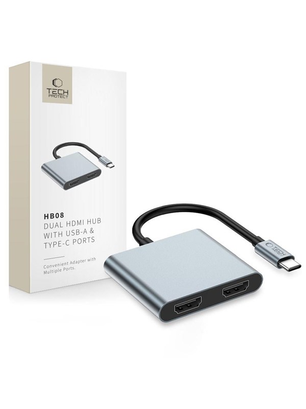 Tech-Protect HB08 4-in-1 USB-C + USB2.0 + 2 x HDMI 4K 60HZ Adapter - Grey USB-Hubs - USB 2.0 - 2 - Grau