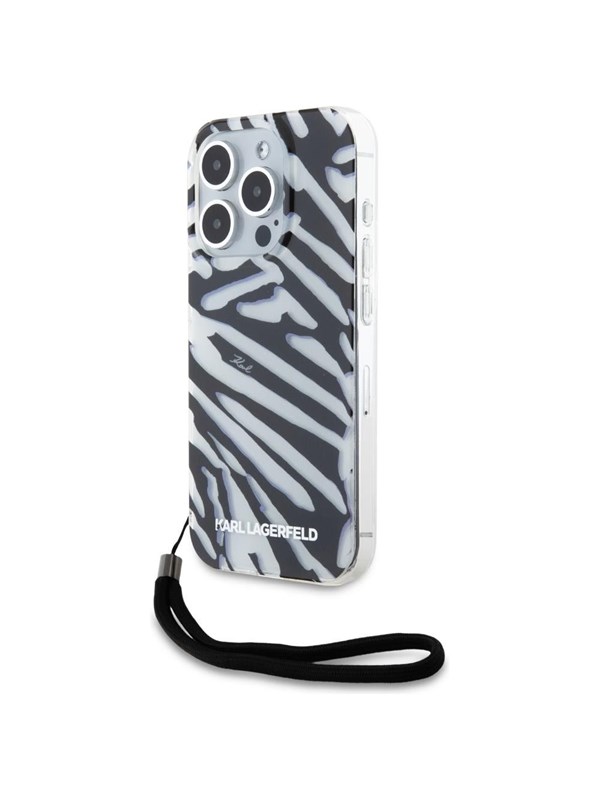 Hülle für Apple iPhone 15 Pro, Karl Lagerfeld, IML Luxury Zebra Muster mit Trageriemen, Schwarz