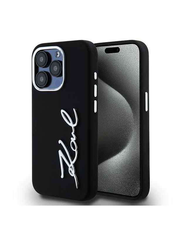 Hülle für Apple iPhone 15 Pro, Karl Lagerfeld, Silikon Metall Schriftzug Logo, Schwarz