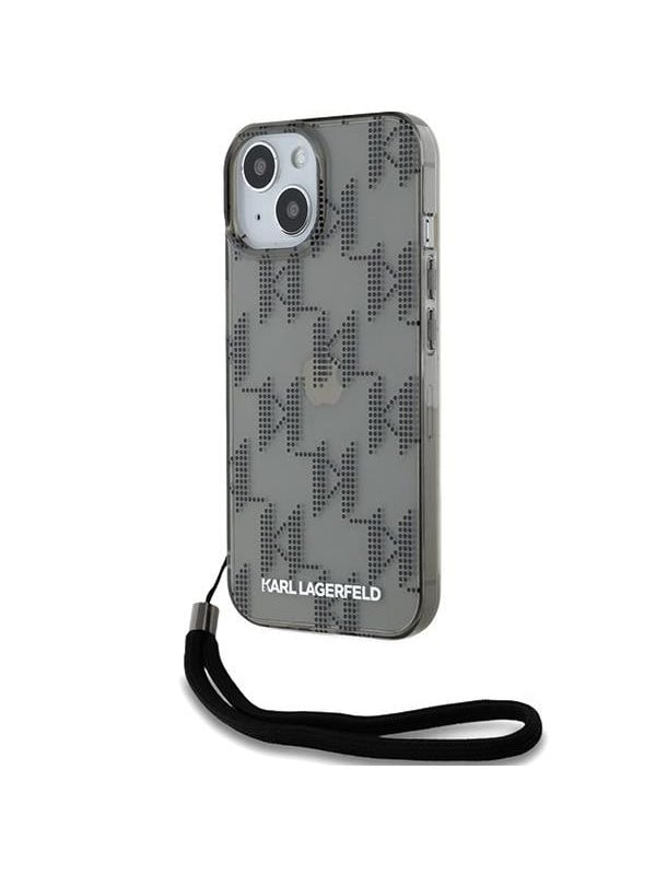 Hülle für Apple iPhone 15, Karl Lagerfeld, IML Luxury Monogram KL Muster mit Trageriemen, Schwarz