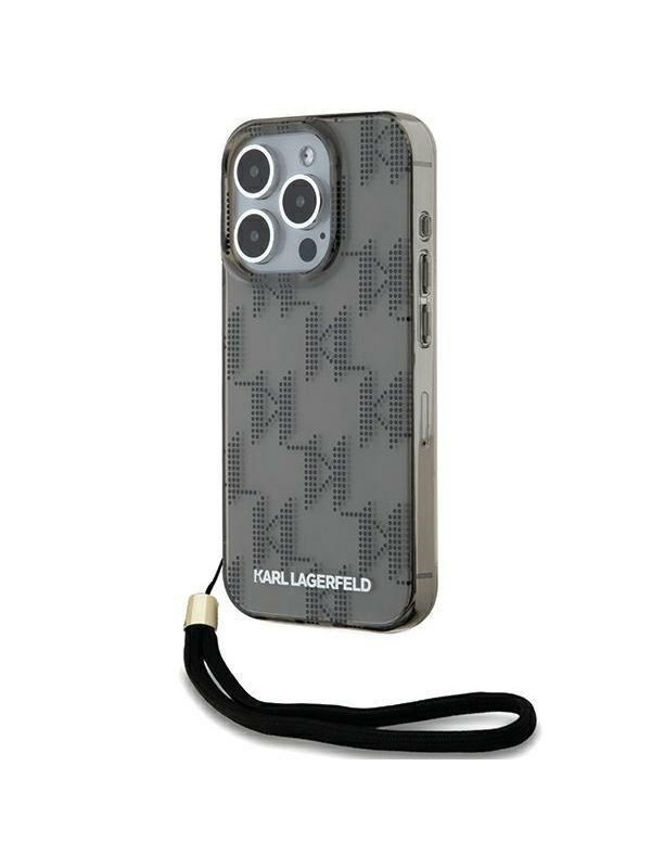 Hülle für Apple iPhone 15 Pro Max, Karl Lagerfeld, IML Luxury Monogram KL Muster mit Trageriemen, Schwarz