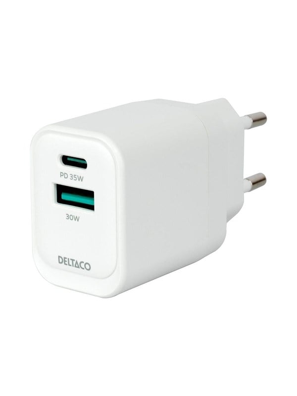 Deltaco USB GaN Wall Charger PD 35W  1x USB-A  1x USB-C  PPS  Samsung SFC 25W  White
